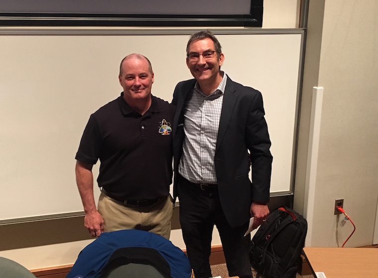 Astronaut Scott Tingle (left) and Lukas Tamm, chairman of our Department of Molecular Physiology and Biological Physics.