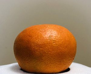 This is an orange on a neutral background, sitting on top of a roll of paper towels.