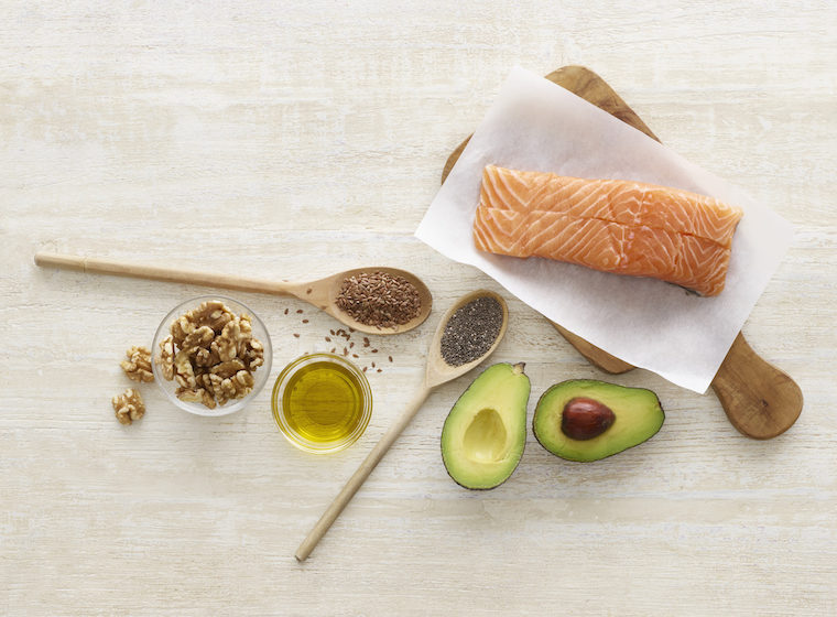 Avocados, salmon, nuts and seeds that are rich in omega-3 fatty acids.