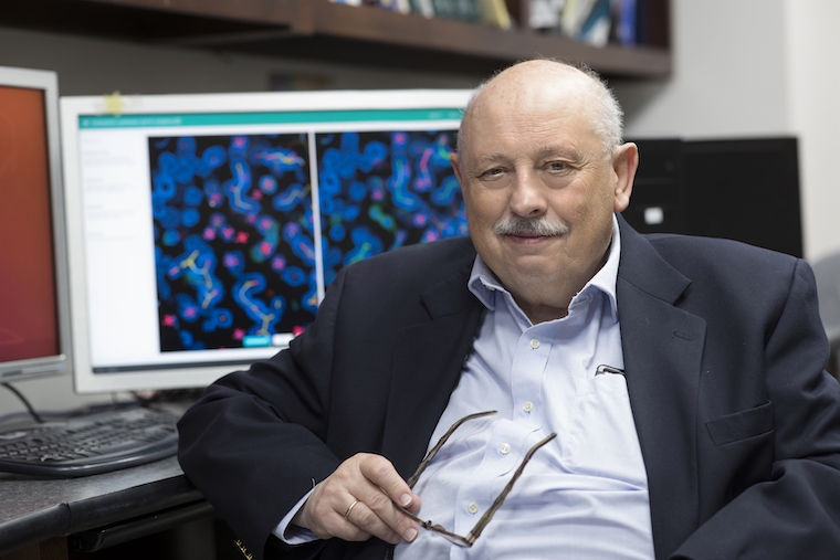 Professor Wladek Minor sits at his desk in his lab. Colorful science images appear on the computer screens behind him.