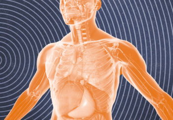 An abstract illustration showing a man's body in front of circles suggesting sound waves.