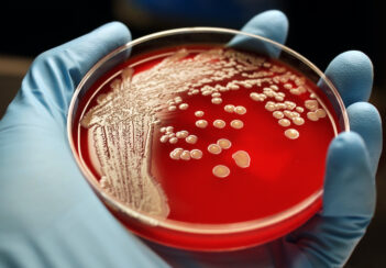 Colonies of drug-resistant S. aureus bacteria grow in a lab dish.